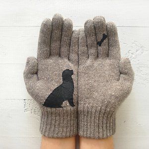Artist Handmade Beige Women's GLOVES w/DOG & BONE